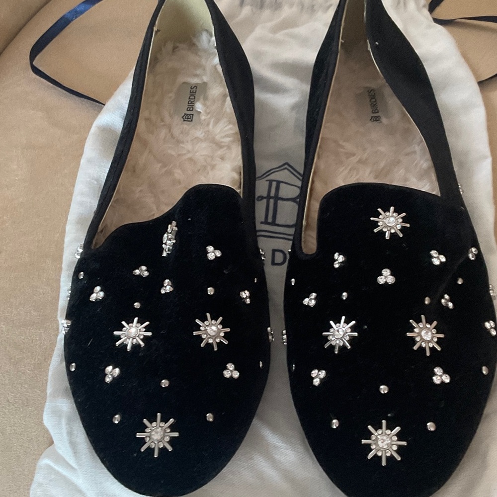 BIRDIES BLACK VELVET JEWELED SHEARLING LINED LOAFER SHOES 9 worn 1x for 3h